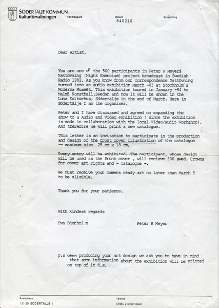 Eva Bjurhol, Peter Meyer Letter 198X